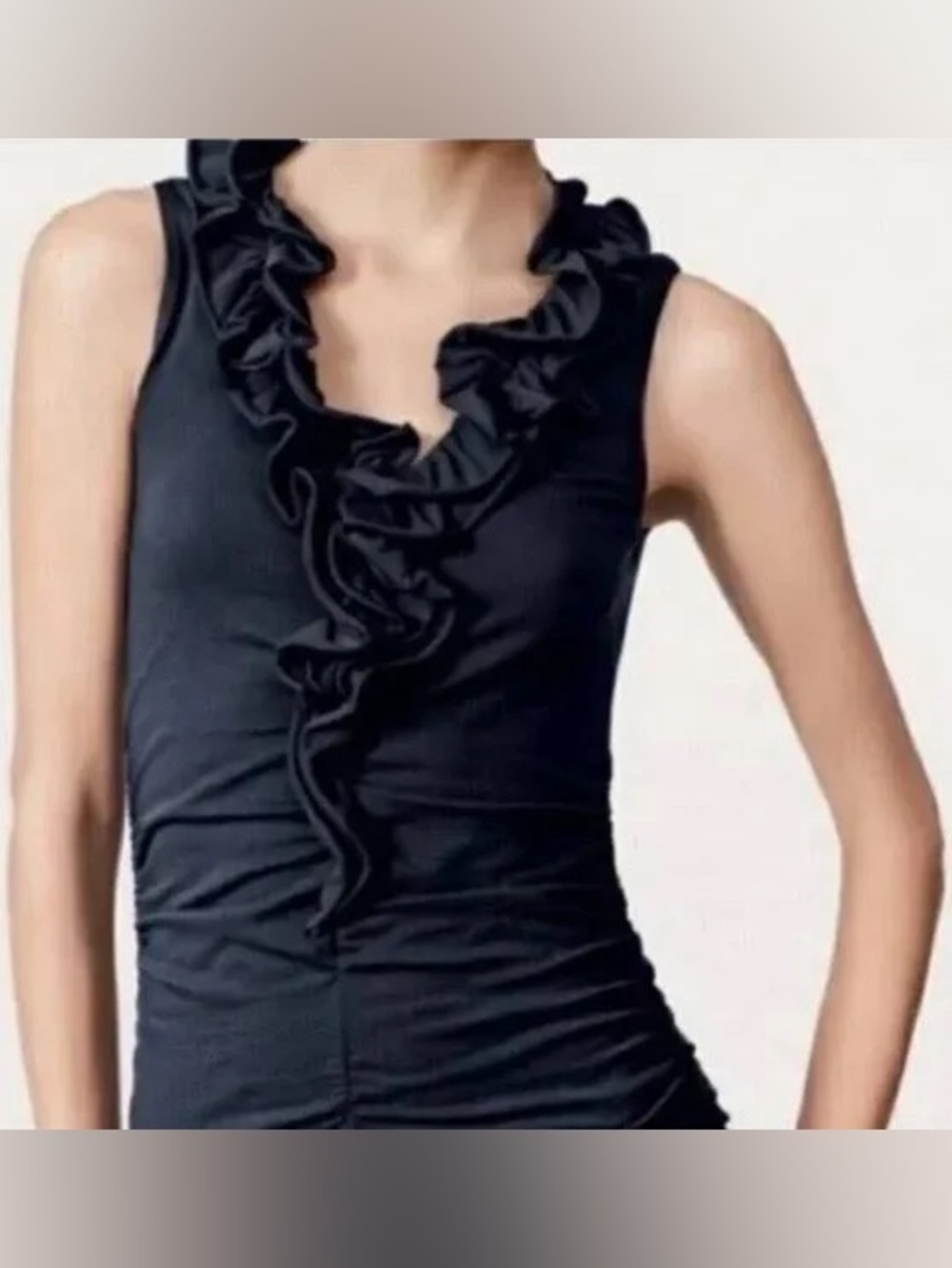 Cabi Black Taffeta Ruffle Neck Scoop Neck Sleeveless Top M